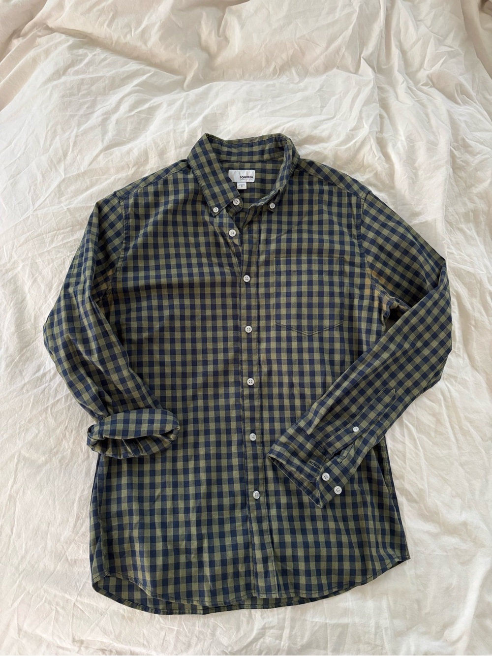 Sonoma Olive and Navy Gingham Button-Down Shirt